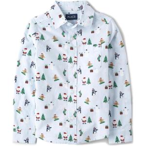 The Children’s Place Big Boys’ Long Sleeve Poplin Button Down Shirt(Holiday Print)