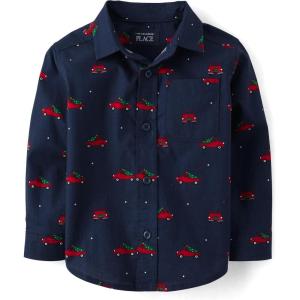 The Children’s Place Big Boys’ Long Sleeve Poplin Button Down Shirt(Holiday Truck Print)