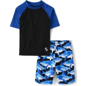 The Children’s Place Boys Short Sleeve Rashguard and Swim Trunk, 2-Piece Set(Blue Sharks)