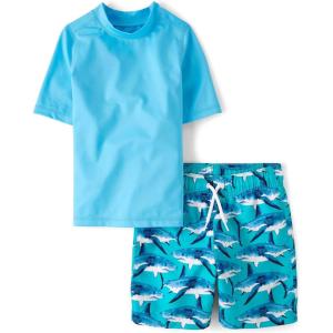 The Children’s Place Boys Short Sleeve Rashguard and Swim Trunk, 2-Piece Set(Sea Sharks)