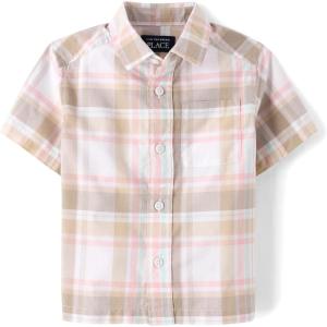 The Children’s Place Boys and Toddler Poplin Short Sleeve Button Down Shirt(Sandy Plaid)