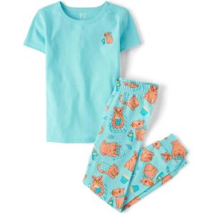 The Children’s Place Girls’ 100% Cotton Short Sleeve Top and Pants,2 Piece Pajama Set(Capybara Marine)