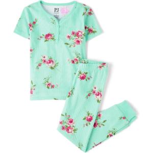The Children’s Place Girls’ 100% Cotton Short Sleeve Top and Pants,2 Piece Pajama Set(Mint Floral)