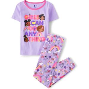 The Children’s Place Girls’ 100% Cotton Short Sleeve Top and Pants,2 Piece Pajama Set(Rainbow Doodle)