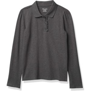 The Children’s Place Girls’ Uniform Long Sleeve Ruffle Pique Polo(Dk Heather Grey)