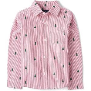 The Children’s Place Mens Long Sleeve Button Up Shirt(Red Tree Stripe)
