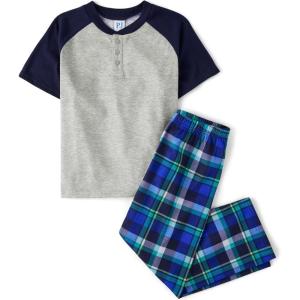 The Children’s Place boys 100% Cotton Short Sleeve Top and Pants, 2 Piece Pajama Set(Tidal Plaid)