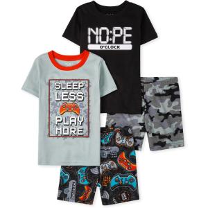 The Children’s Place boys Short Sleeve Top and Shorts Snug Fit 100% Cotton 4 Piece Pajama Set(Play More Gamer 2-pack)