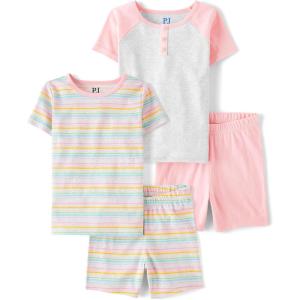 The Children’s Place girls 100% Cotton Short Sleeve Top and Shorts 2 Piece Pajama Set(Pink Rose/Grey 2-pack)