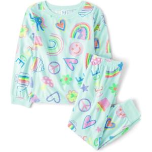The Children’s Place girls Long Sleeve Top and Bottoms Cozy Fleece 2 Piece Pajama Set(Mint Doodle Print)