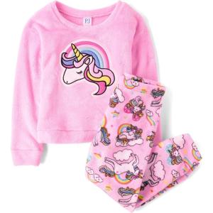 The Children’s Place girls Long Sleeve Top and Bottoms Cozy Fleece 2 Piece Pajama Set(Sparkle Pink Unicorn)