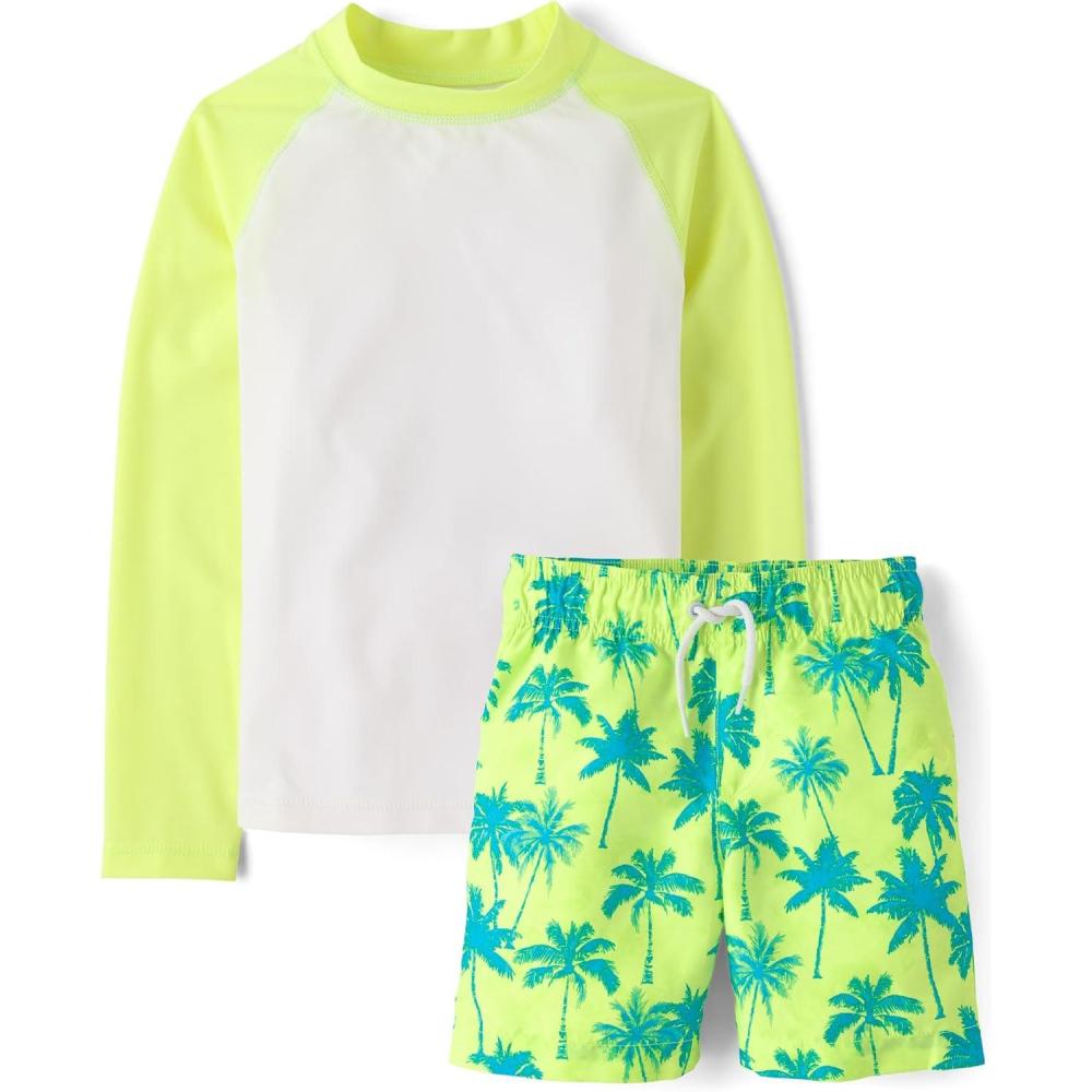 imageThe Childrens Place Boys Long Sleeve Rashguard and Swim Trunks 2 Piece SetLime Zest