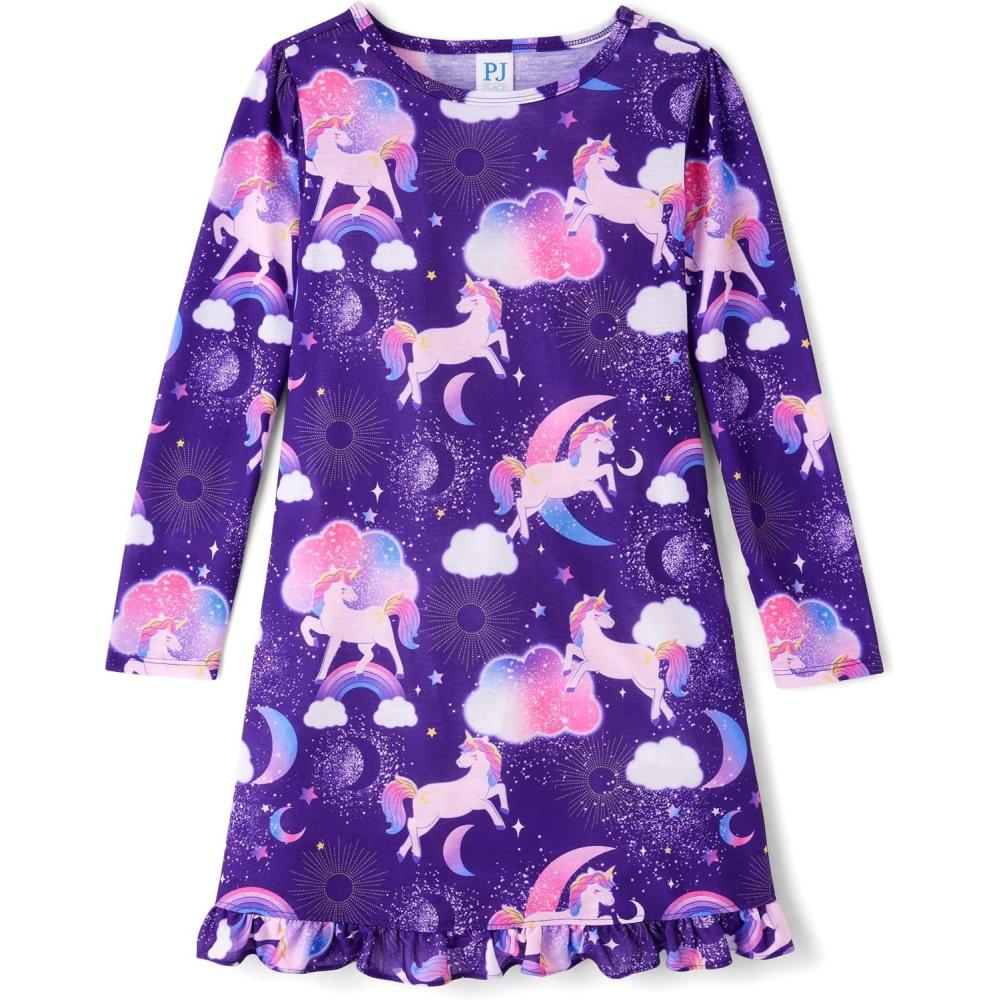 imageThe Childrens Place Girls Long Sleeve NightgownPurple Unicorns