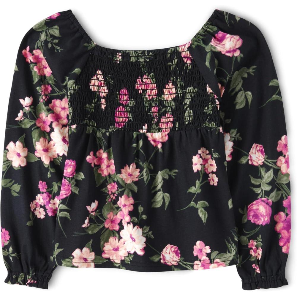 imageThe Childrens Place Girls Long Sleeve Smocked Peplum TopBlack