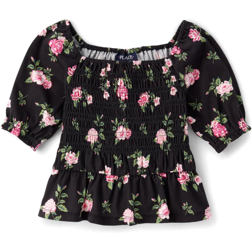 imageThe Childrens Place Girls Long Sleeve Smocked Peplum TopBlack Floral