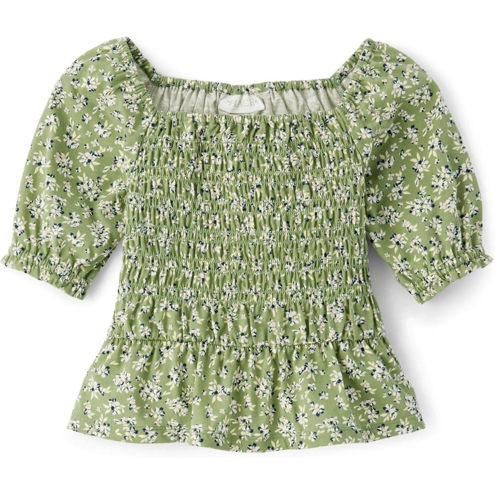 imageThe Childrens Place Girls Long Sleeve Smocked Peplum TopLt Cactus Floral