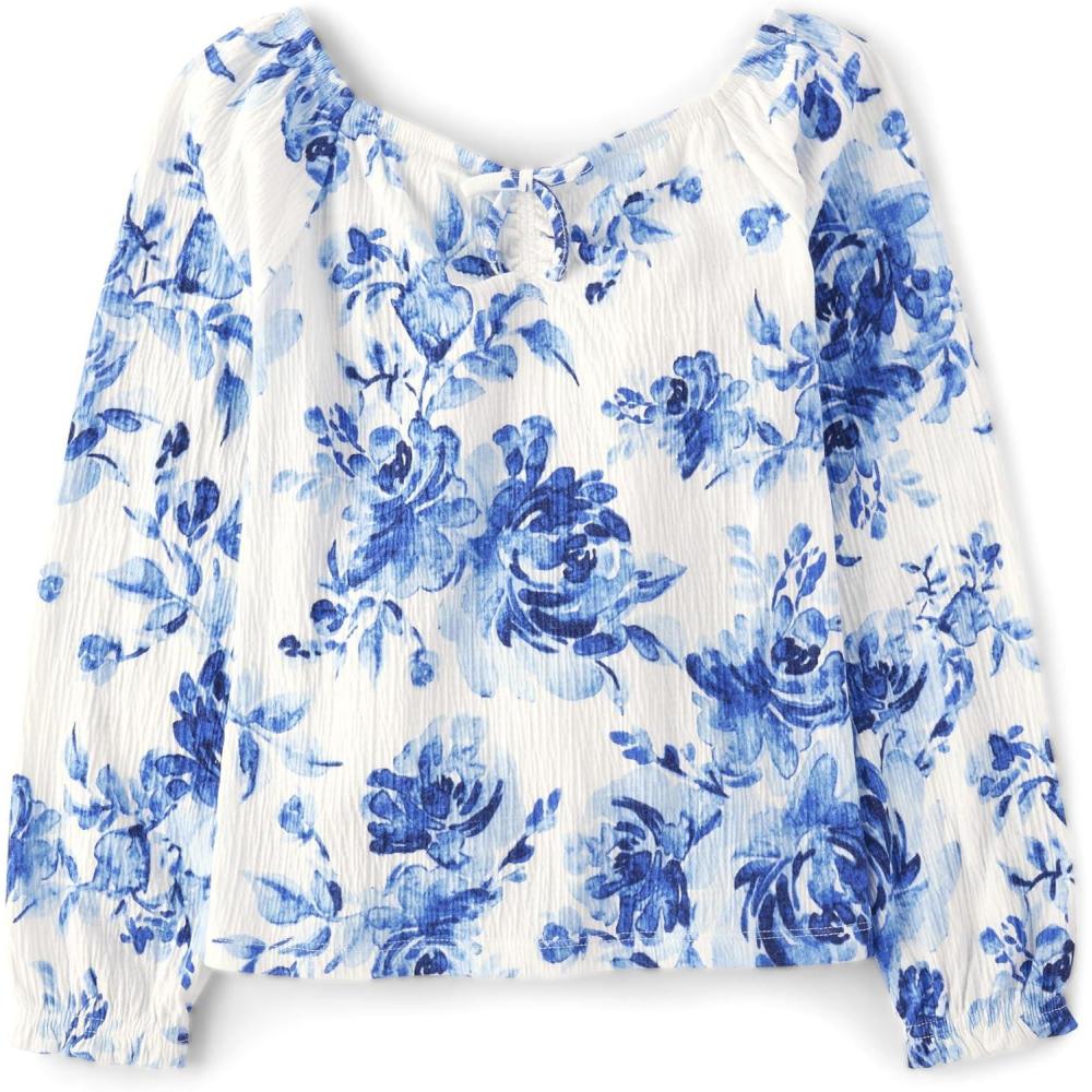 imageThe Childrens Place Girls Long Sleeve Smocked Peplum TopWatercolor Flowers