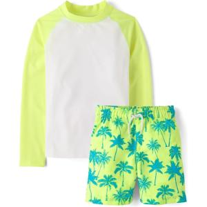The Children’s Place Boys’ Long Sleeve Rashguard and Swim Trunks, 2 Piece Set(Lime Zest)