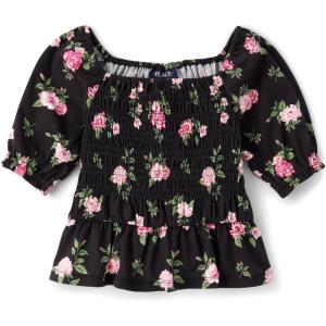 The Children’s Place Girls Long Sleeve Smocked Peplum Top(Black Floral)