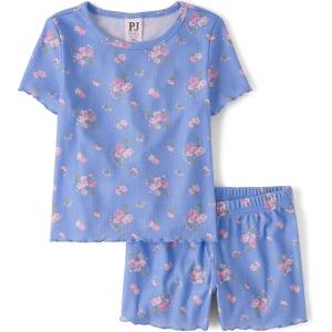 The Children’s Place girls Sleeve Top and Shorts,2 Piece Pajama Set(Floral Blue)