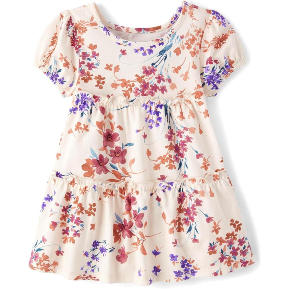 imageThe Childrens Place BabyGirls and Toddler Tiered Dress Short SleeveWhite Daisy Puff Sleeve