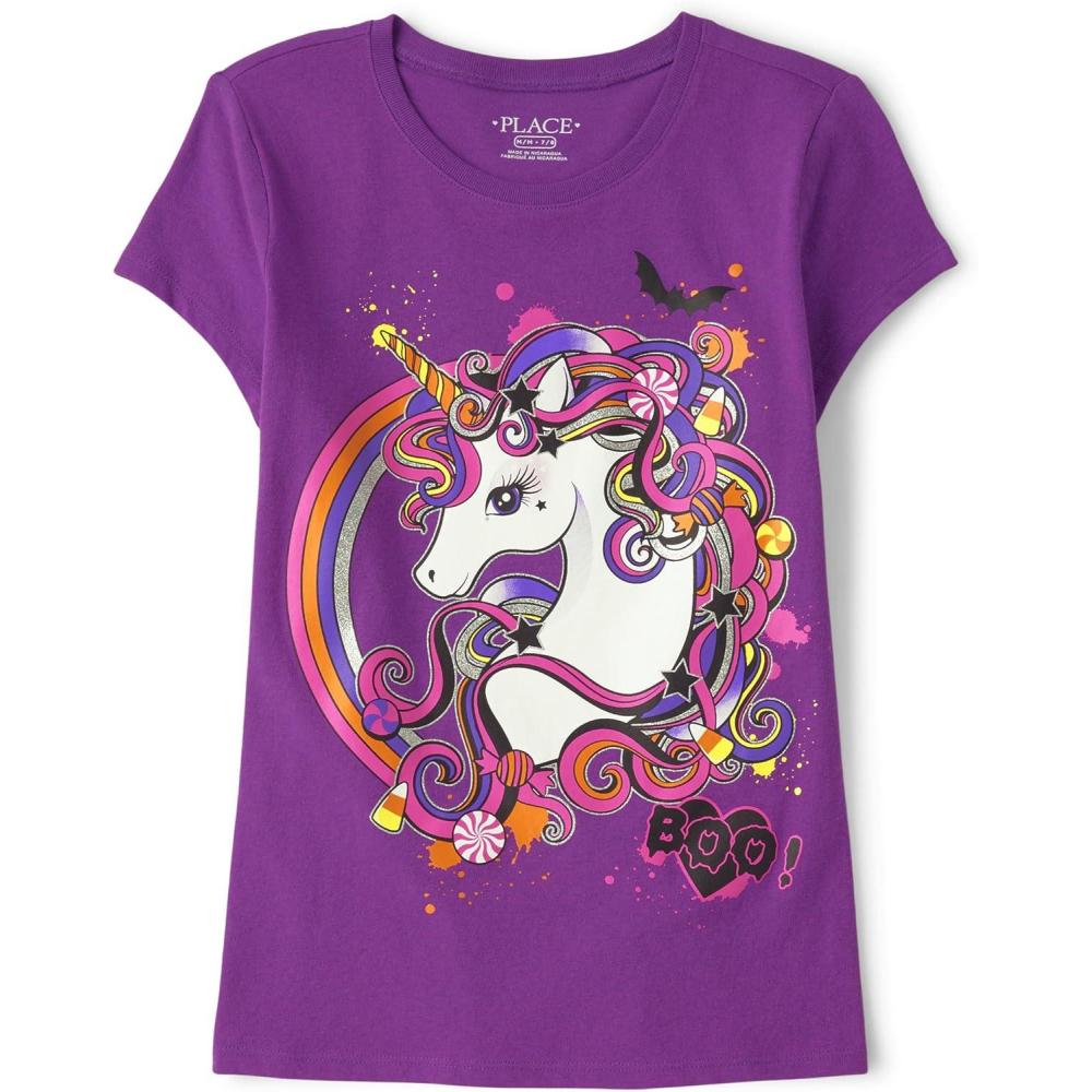 imageThe Childrens Place Girls Short Sleeve Graphic TShirtPurple Halloween Unicorn