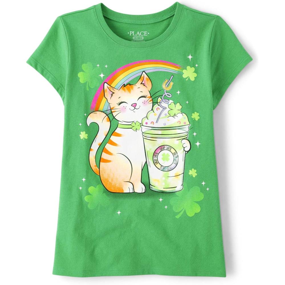 imageThe Childrens Place Girls Short Sleeve Graphic TShirtSt Patricks Day Cat Drink
