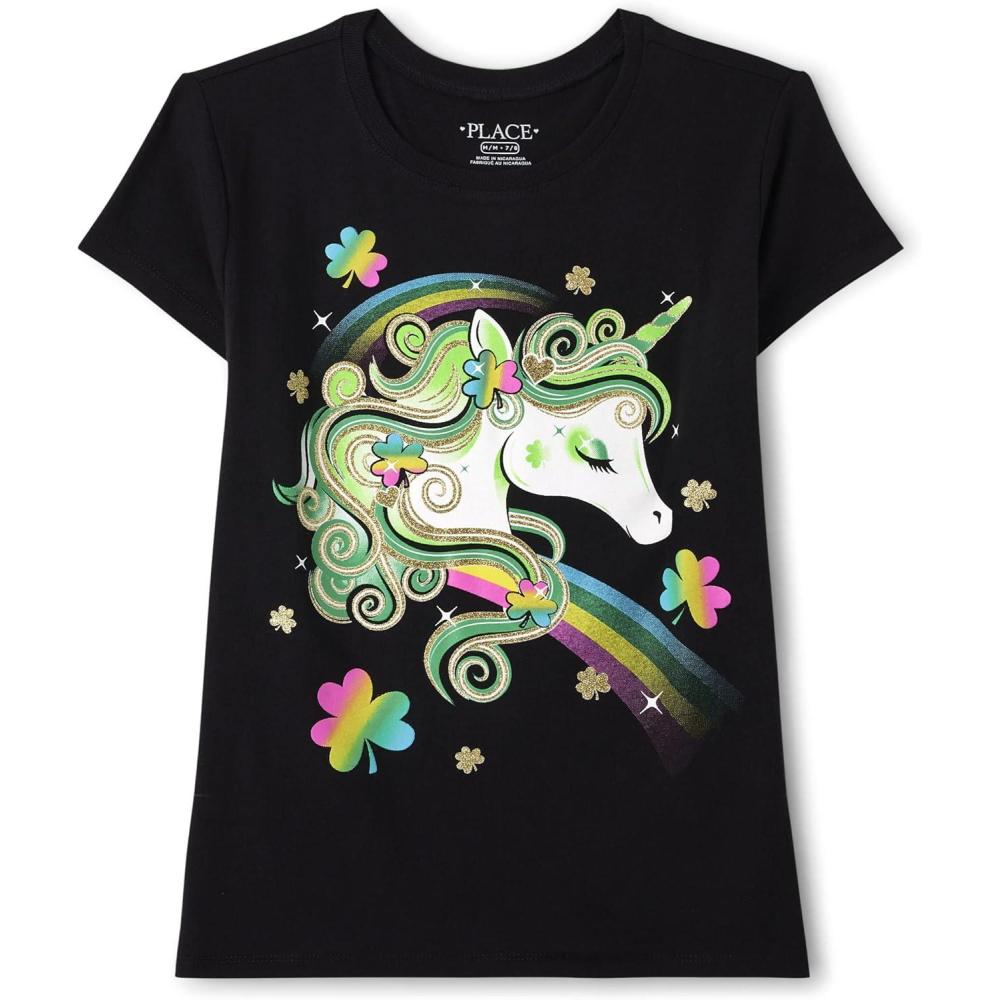 imageThe Childrens Place Girls Short Sleeve Graphic TShirtSt Patricks Day Unicorn