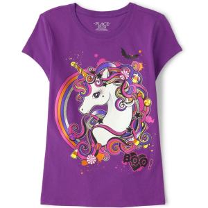 The Children’s Place Girls’ Short Sleeve Graphic T-Shirt(Purple Halloween Unicorn)