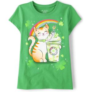 The Children’s Place Girls’ Short Sleeve Graphic T-Shirt(St Patrick’s Day Cat Drink)