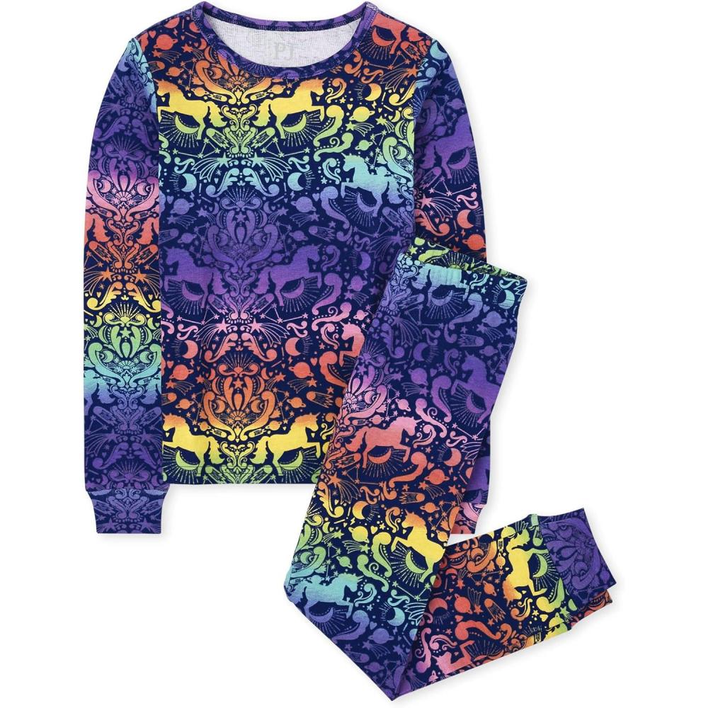 imageThe Childrens Place girls Long Sleeve Top and Pants Snug Fit 100 Cotton 2 Piece Pajama SetUnicorn Ombre