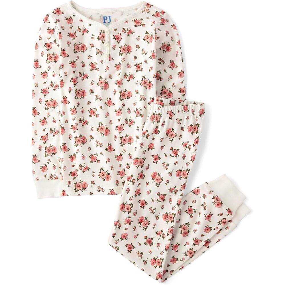 imageThe Childrens Place girls Long Sleeve Top and Pants Snug Fit 100 Cotton 2 Piece Pajama SetWhite Daisy Henley