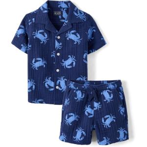 The Children’s Place Baby Boys’ And Toddler Gauze Short Sleeve Shirt and Shorts, 2 Piece Outfit(Tidal Crabs)