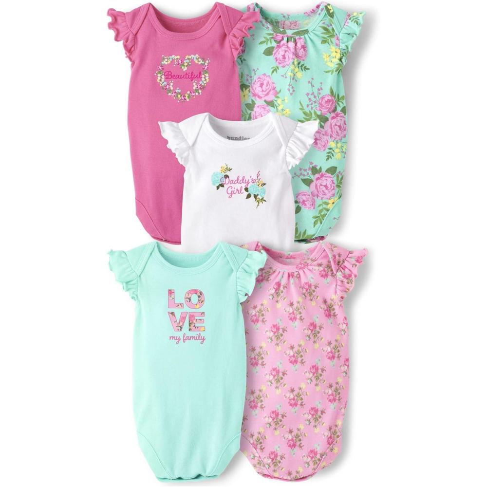 imageThe Childrens Place Baby Boys And Newborn Short Sleeve Bodysuits MultipacksRose Floral 5pack