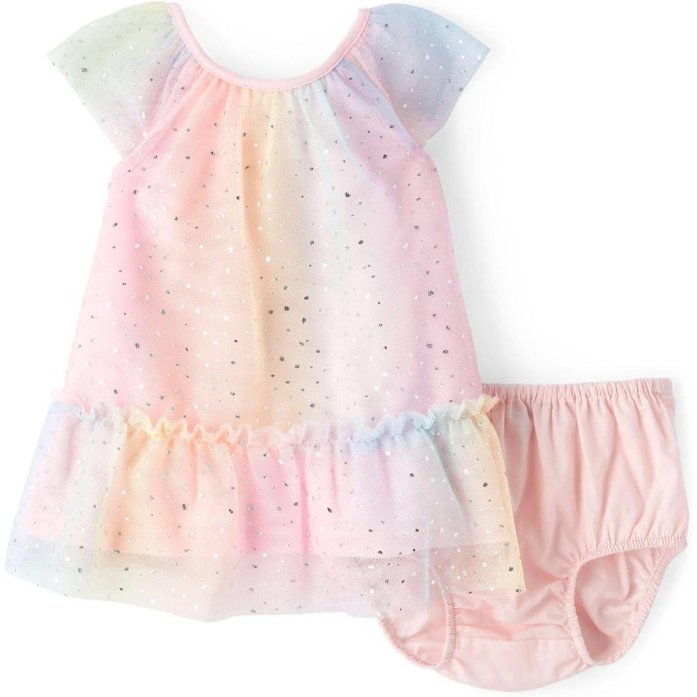 imageThe Childrens Place BabyGirls and Toddler Short Sleeve Dressy DressesBright Pink Rainbow