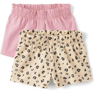 The Children’s Place Baby Girls’ and Newborn Cotton Pull on Everyday Shorts(Leopard/Pink 2-pack)