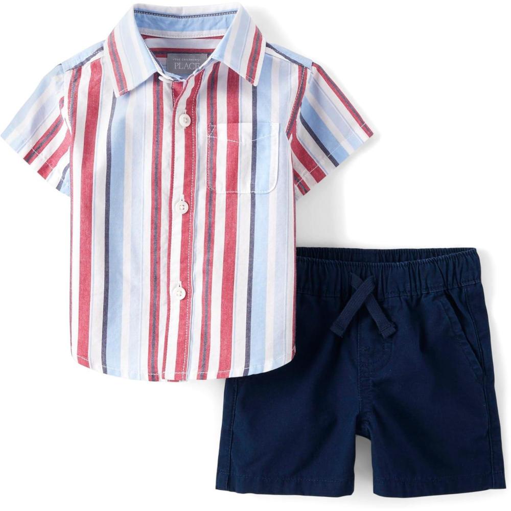 imageThe Childrens Place Baby Boys And Newborn Short Sleeve Button Down Shirt and Shorts 2 Piece SetRed White and Blue Stripe