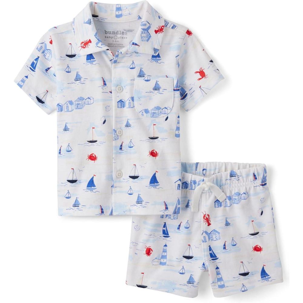 imageThe Childrens Place Baby Boys And Newborn Short Sleeve Button Down Shirt and Shorts 2 Piece SetSailboats