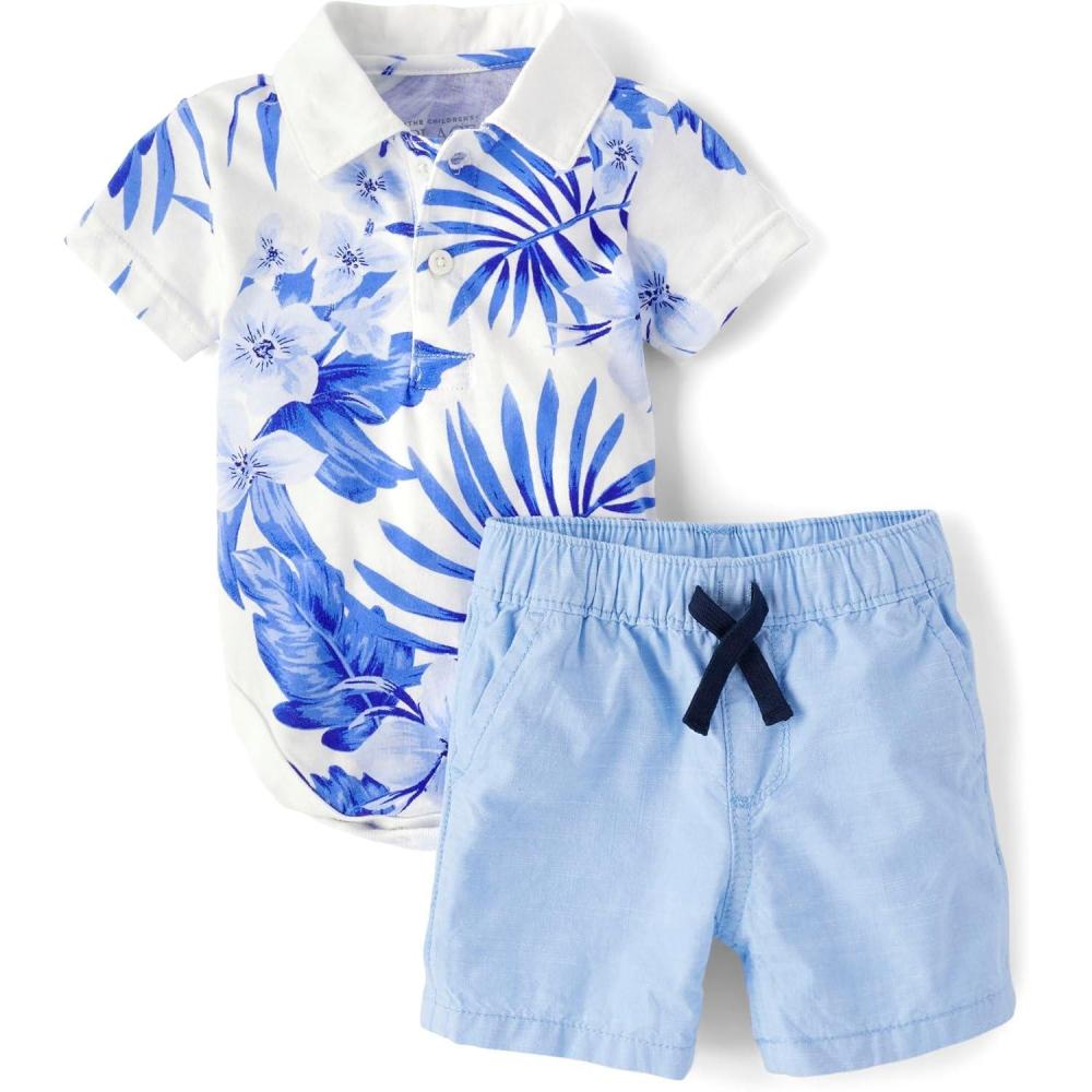 imageThe Childrens Place Baby Boys And Newborn Short Sleeve Button Down Shirt and Shorts 2 Piece SetWhite Tropical Print