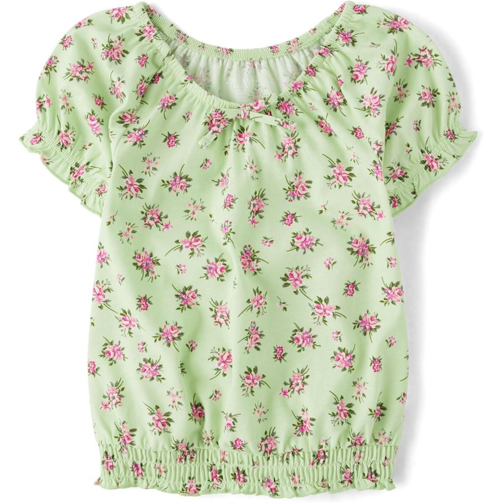 imageThe Childrens Place Girls Smocked Short Sleeve TopsGreen Glow Hem Puff