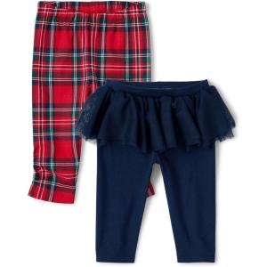 The Children’s Place Baby Girls’ and Newborn Knit Pull on Pants(Tidal Tutu/Red Plaid 2-pack)