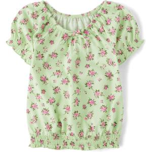 The Children’s Place Girls’ Smocked Short Sleeve Tops(Green Glow Hem Puff)