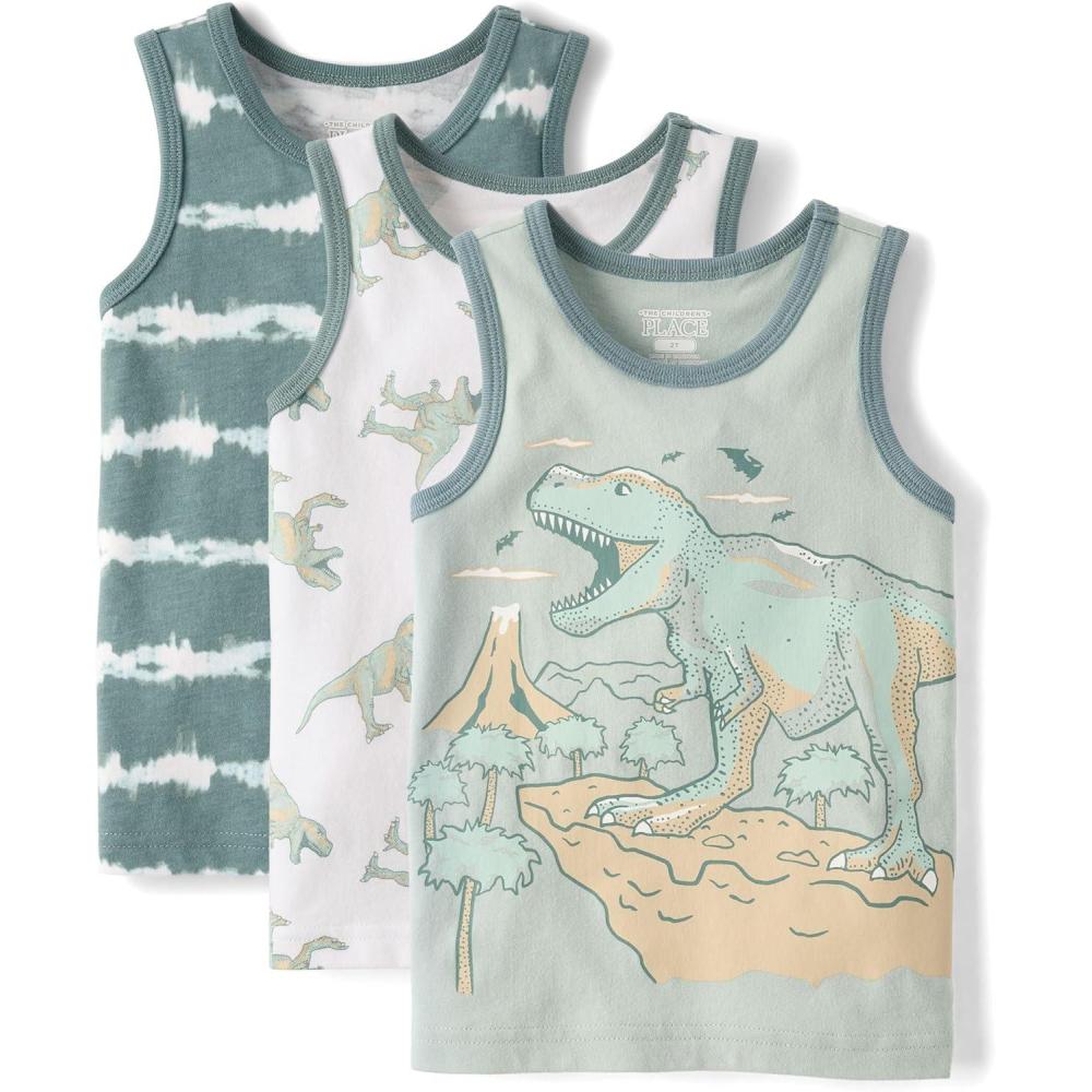 imageThe Childrens Place Baby Boys and Toddler Assorted Tank TopGreen Dinos 3pack
