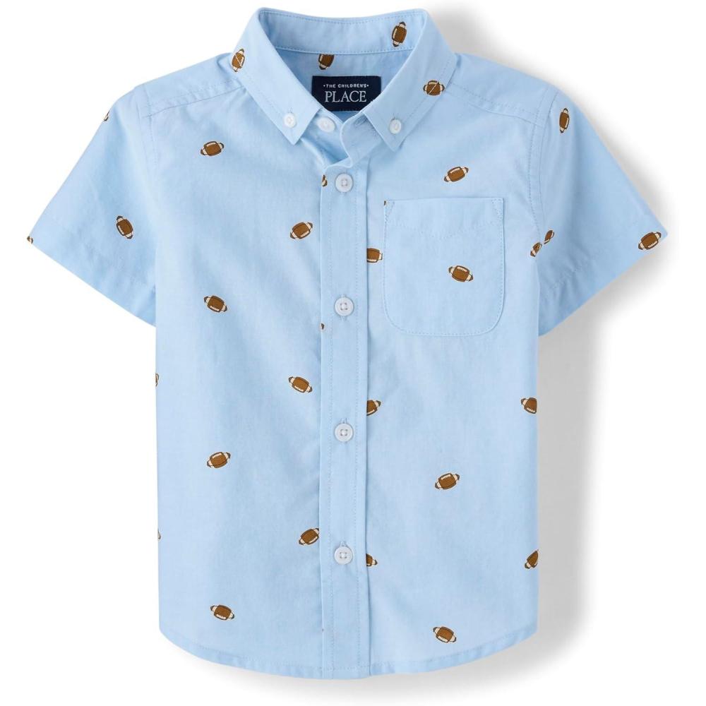 imageThe Childrens Place Baby Boys and Toddler Poplin Short Sleeve Button Down ShirtFootball Print