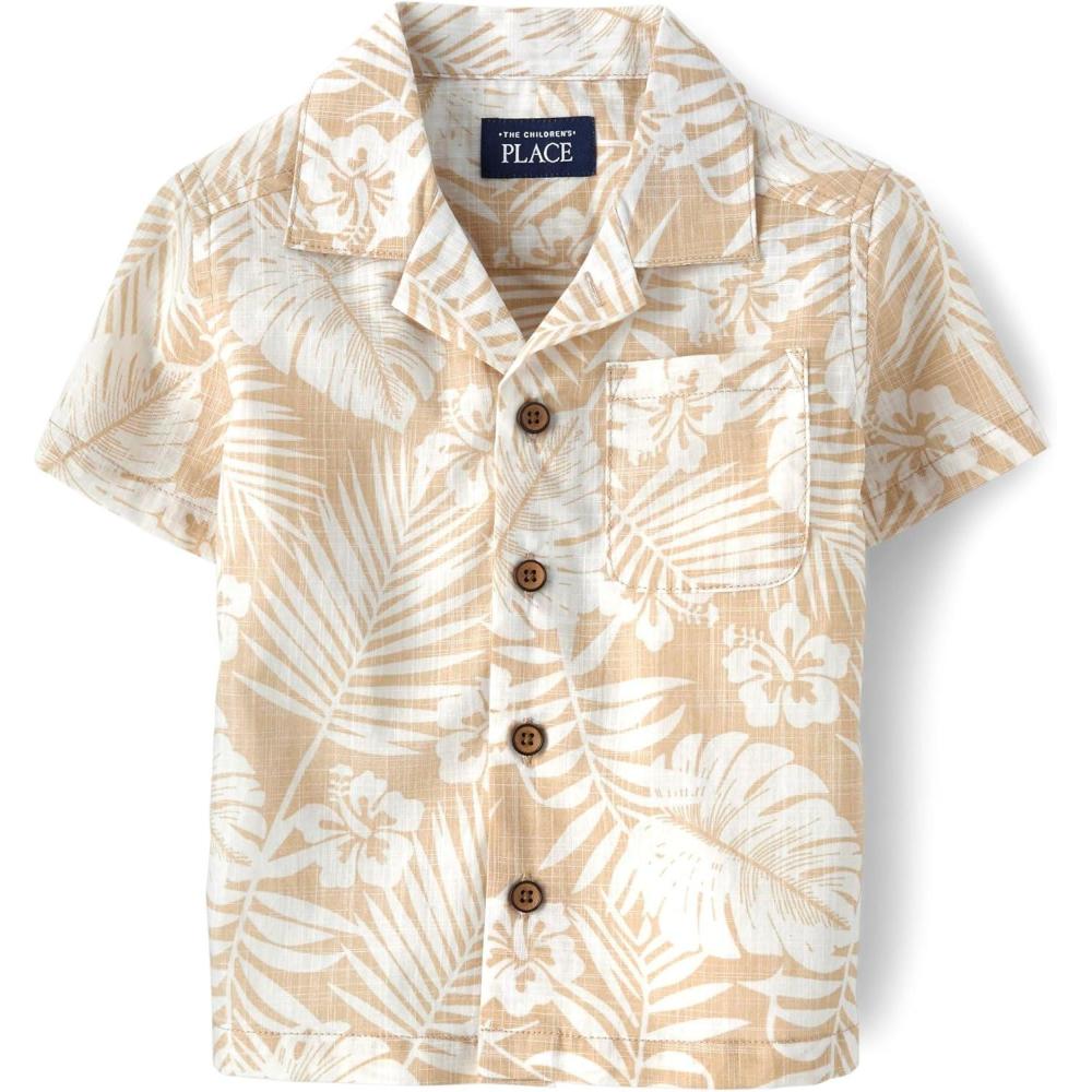 imageThe Childrens Place Baby Boys and Toddler Poplin Short Sleeve Button Down ShirtIrish Cream Safari