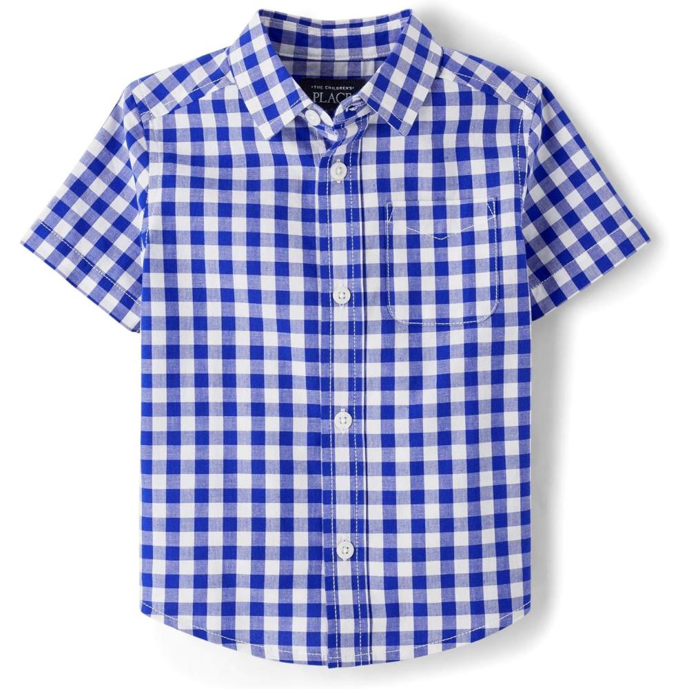 imageThe Childrens Place Baby Boys and Toddler Poplin Short Sleeve Button Down ShirtRenew Blue Plaid