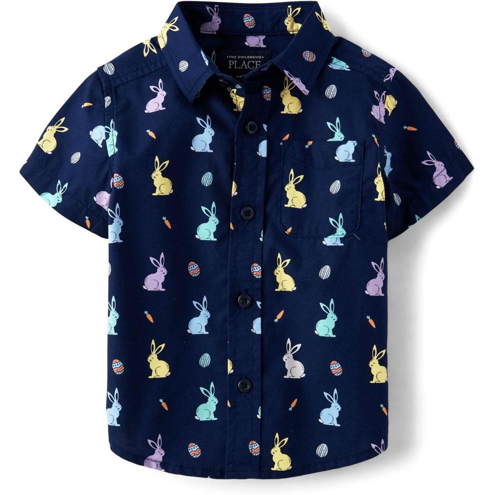 imageThe Childrens Place Baby Boys and Toddler Poplin Short Sleeve Button Down ShirtTidal Bunny