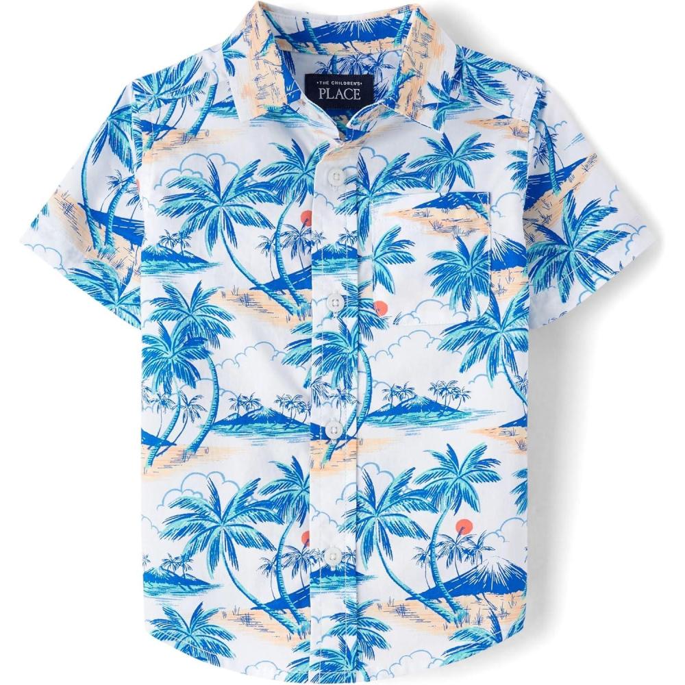 imageThe Childrens Place Baby Boys and Toddler Poplin Short Sleeve Button Down ShirtWhite Palm Tree Print