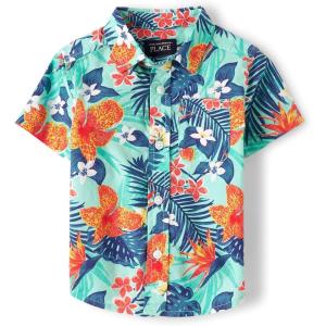 The Children’s Place Baby Boys’ and Toddler Poplin Short Sleeve Button Down Shirt(Mellow Aqua Tropical)