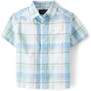 The Children’s Place Baby Boys’ and Toddler Poplin Short Sleeve Button Down Shirt(Mint Plaid)